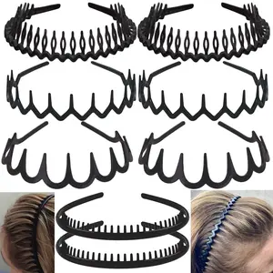 8 Pack Stylish Anti-Slip Easy Plastic Headbands with Toothed Comb Black Skinny Headbands for Women Men, Matte Black
