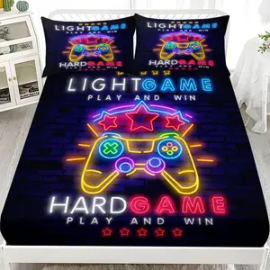 Game Controller Bed Sheet Set (1 Fitted + 2 Pillowcases), Modern Style, Suitable for Dorms, Bedrooms, Hotels, All Seasons, No Fillers