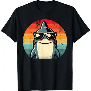 Cool Retro Shark in Sunglasses 70s 80s 90s Funny Shark T-Shirt Pure Cotton Graphic Tees Menswear Top: Gifts for Men & Women
