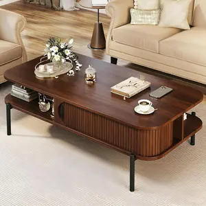 Coffee Table, 47.2" Mid Century Modern Coffee Tables for Living Room, Coffee Table with Storage Open Shelf, Fluted Table with Sliding Cabinet Door, 2-Tier Rustic Wood Desktop, Walnut
