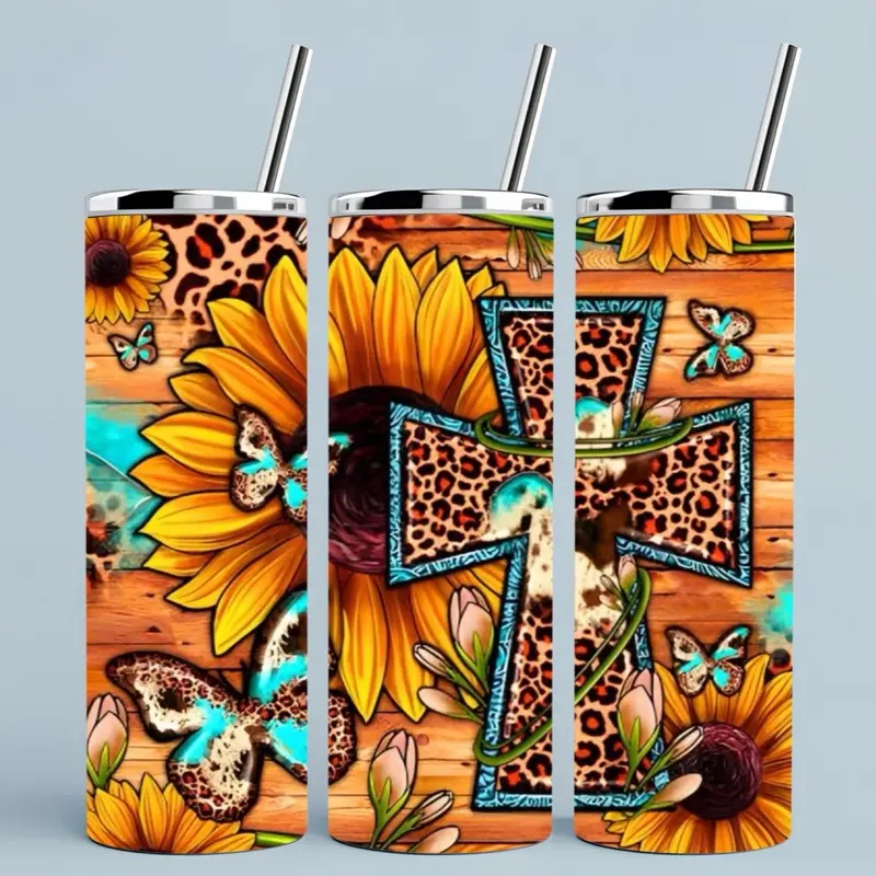 Sunflower + cross | 20oz Skinny sublimation tumbler transfer print out (TRANSFER ONLY, NOT A FINISHED TUMBLER)