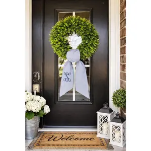 Blue Striped Wreath Scarf - Personalized Monogrammed Cotton Sash for Wreath & Door Decor, Elegant Embroidered Design, Perfect for Seasonal & Everyday Decoration