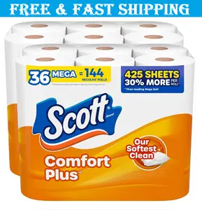 Scott ComfortPlus Toilet Paper, 36 Mega Rolls (2 Packs of 18), 425 Sheets per Roll, Septic-Safe, 1-Ply Toilet Tissue Bath Wipes