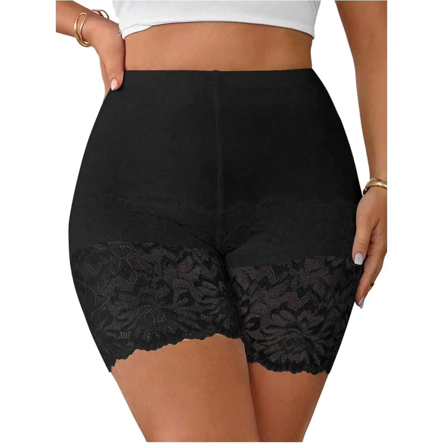 WDIRARA Women's Plus Size Lace Short Leggings High Waisted Stretchy Yoga Shorts