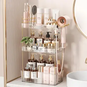 Counter Organizer for, Makeup Organizer Countertop with Holder, Large Capacity Rack, Perfect Large Skincare, Hair Care, Perfume, Easy to Install (Clear, 3Tiers)