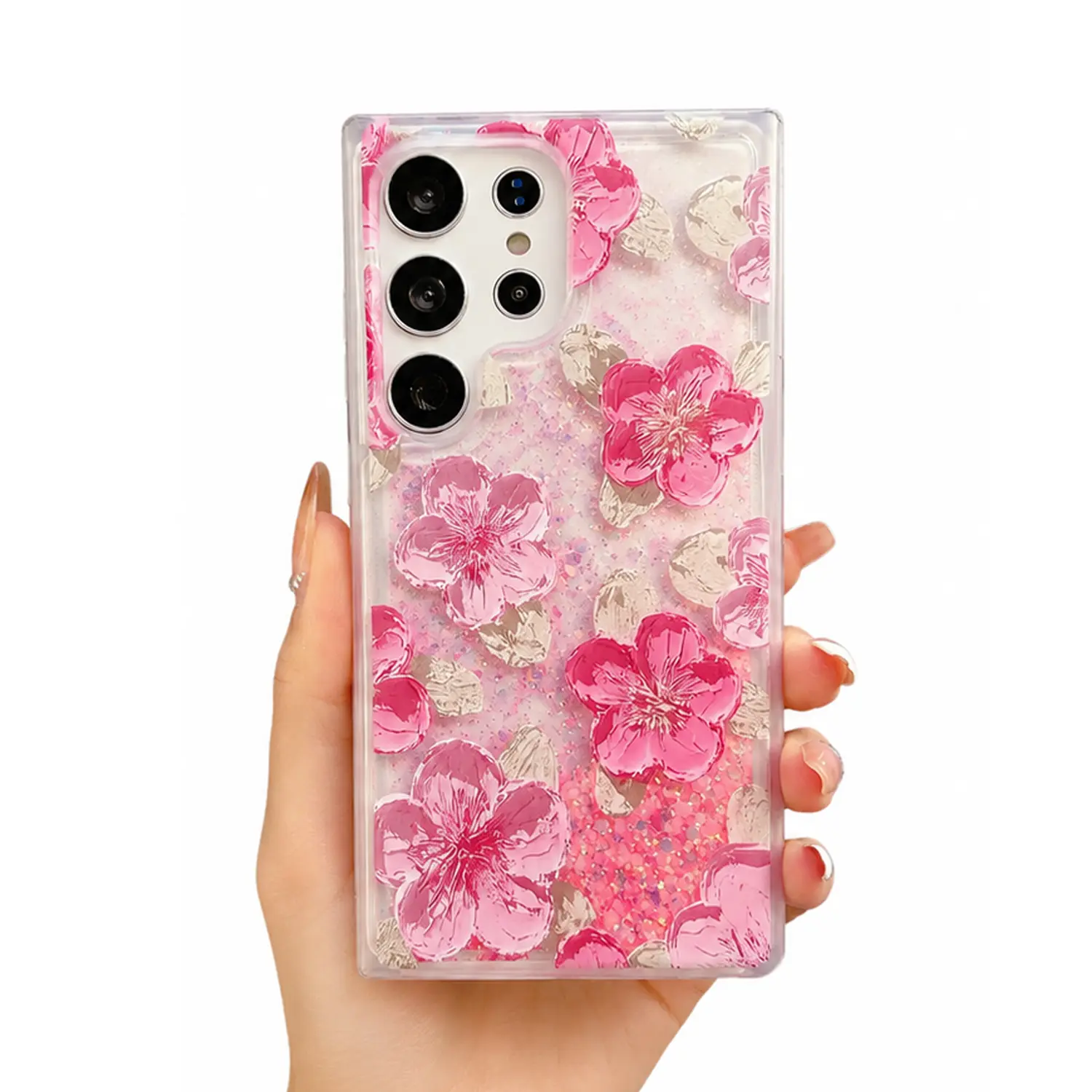 Glow in The Dark Floral Liquid Glitter Case for Samsung Galaxy S26 Ultra S25 Plus S24 S23 S22, 3D Flower Oil Painting Design Clear Protective Case with Fluorescent Liquid Floating Glitter, Stylish Aesthetic Phone Case for Women Girls