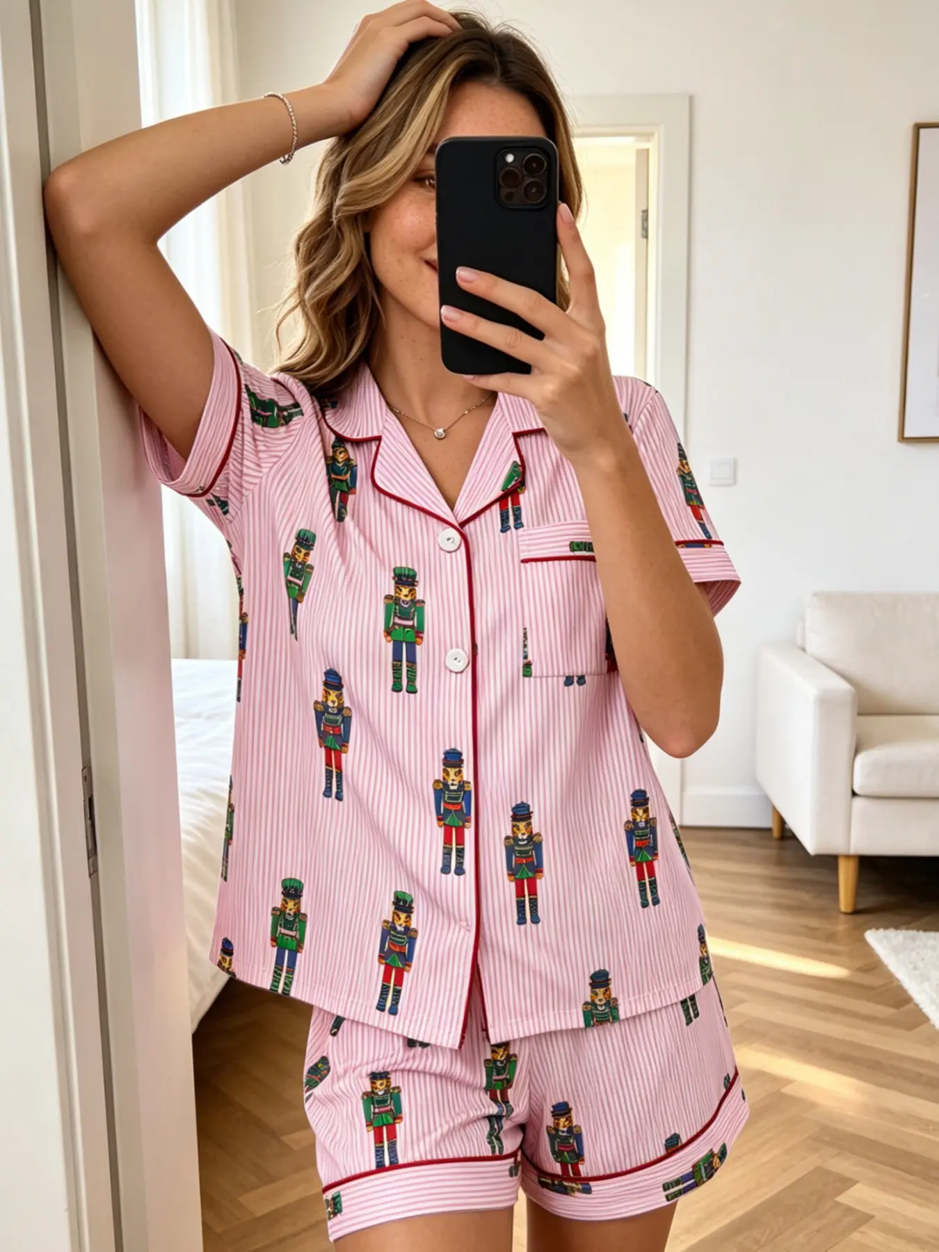 Festive Christmas Coquette Girly Women's Pajamas Set Pink Stripe Nutcracker Tiger Soldier Print Summer Short Sleeve Button Down Soft Cozy Holiday Loungewear Sleepwear