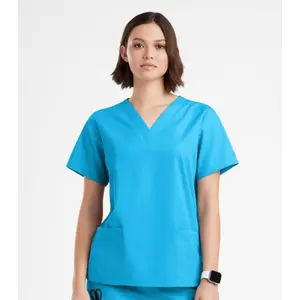 Poplin Women's V-Neck Scrub Tops - 2 Pockets, Half Sleeve