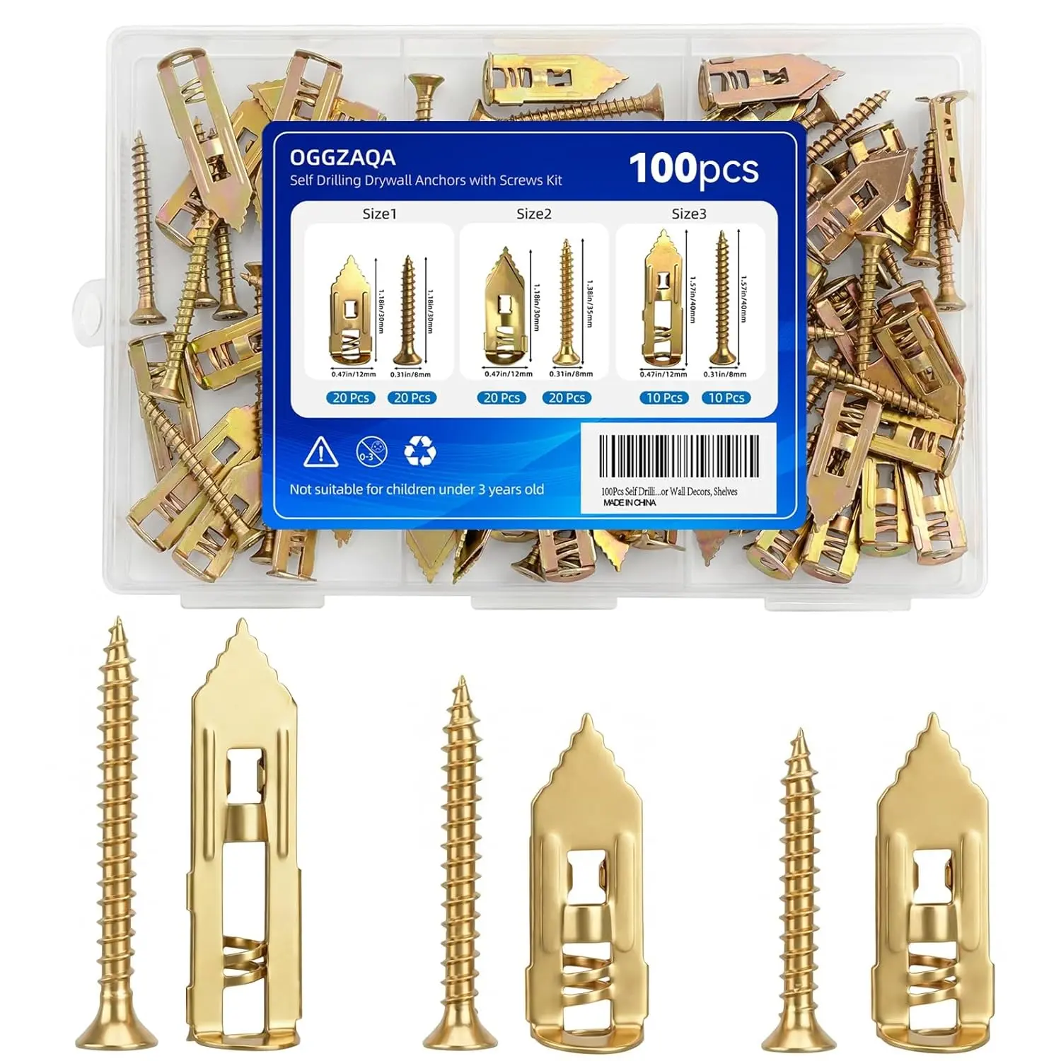 100pcs Self Drilling Drywall Anchors with Screws Kit, 50 Sheetrock Anchors & 50 Screws, 3 Sizes,No Pre-Drilling Required, for Wall Decor, Shelves, Pictures Hanging