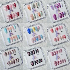 TiTinails 3D Almond Press On Nails| 100% Handmade 10pc Reusable Set| Floral, Pearl, Shell & Butterfly Designs