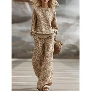 Light brown women's leopard print set | Loose fit, suitable for daily outings and social occasionsGARMENTARY