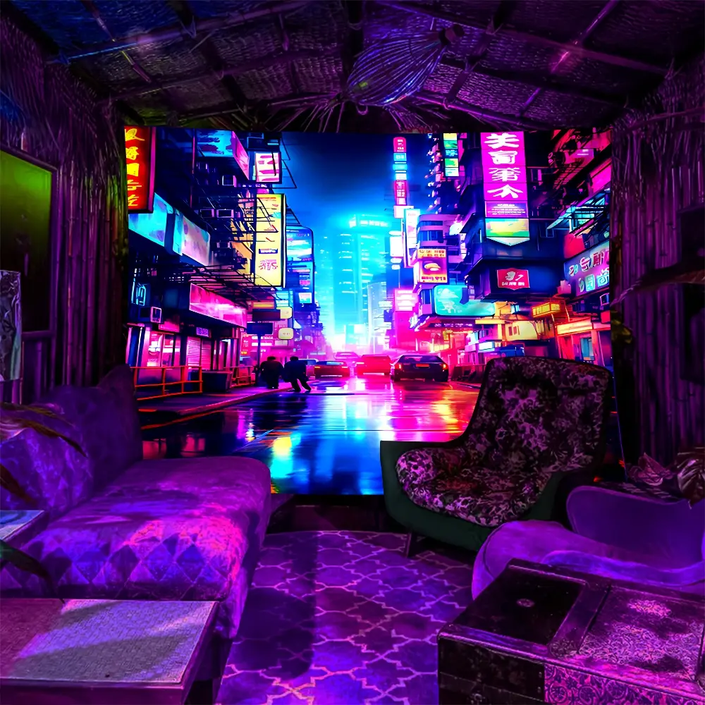 Neon Cyberpunk Rainy City Street Scene UV Reactive Fluorescent Tapestry, Wall Hanging Tapestry, Glow-in-the-Dark Polyester Wall Decor for Bedroom, Living Room, Multiple Sizes Polyester, Easy to Clean and Maintain, Neon City Wall Art, Decorative Tapestry