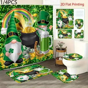 1/4pcs  St. Patrick's Day Bath Curtain Set with Gold Cauldron and Elf Design, Non-Slip Mat, U-Shape Rug, Toilet Cover +12 Hooks