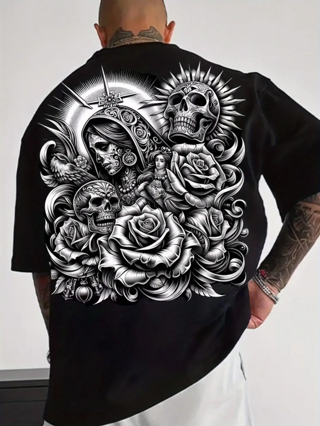 Black T-Plus size men's clothing shirt featuring exquisite pattern designs and skull and rose details - Gothic style T-Plus size men's clothing shirt inspired by Day of the Dead featuring a skull woman pattern - perfect for expressing your unique and rebe