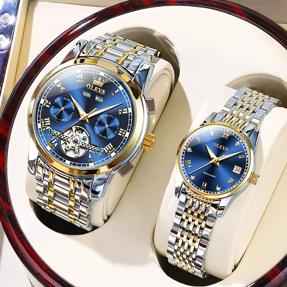 OLEVS Luxury Couples Watch His and Her Self Winding Mechanical Wristwatches Stainless Steel Band Waterproof Luminous Royal Diamonds Dial Skeleton Tourbillon Calendar Dial Trendy Fashion Clock Ideal Valentine's Day Wedding Birthday Watches Box G6607&L6602