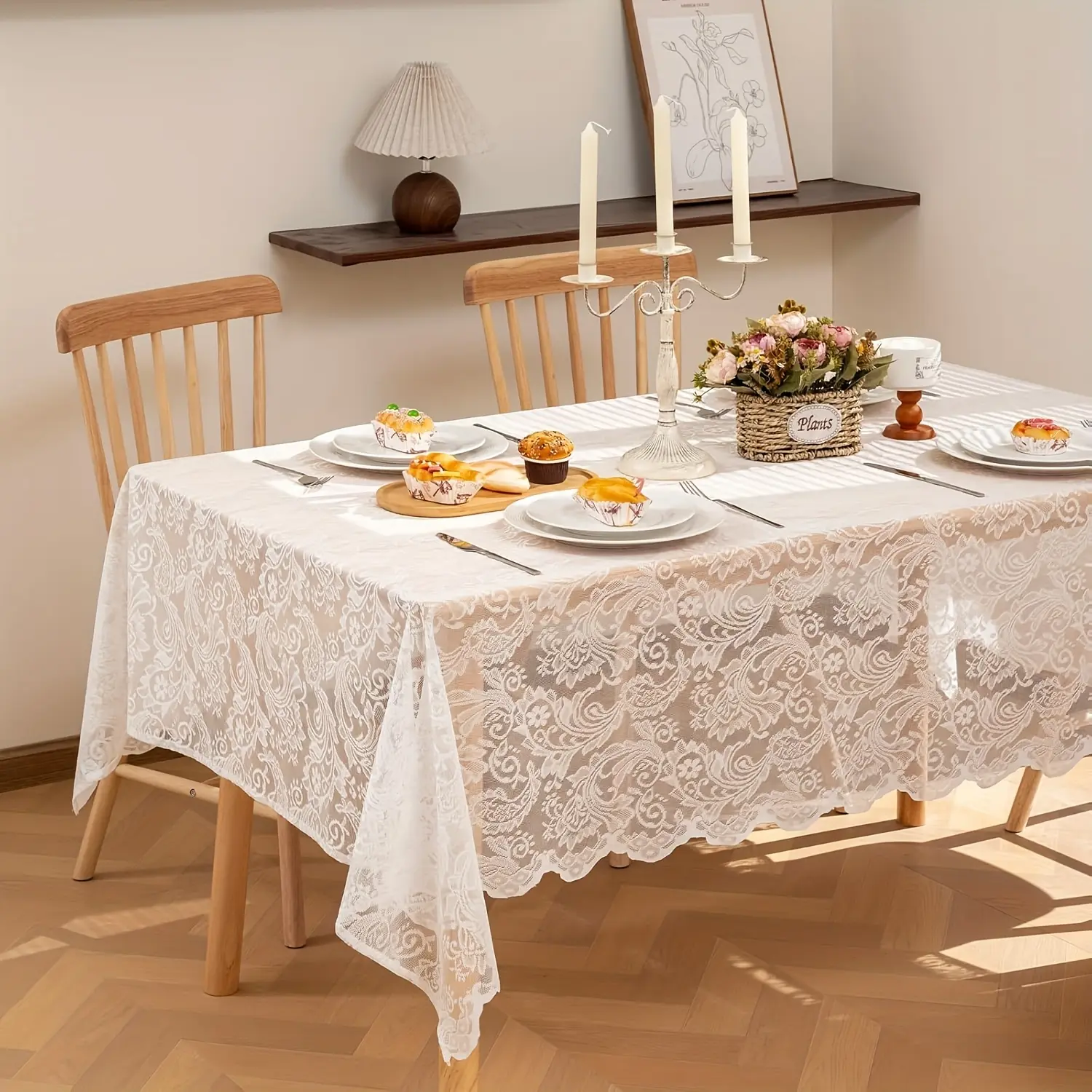 White Lace Tablecloth with Rectangular Phoenix Tail Flower Embroidery for Weddings, Suitable for Outdoor Gatherings, Receptions, Dinners, Baby Parties, Tea Party Decorations, And Home Decor
