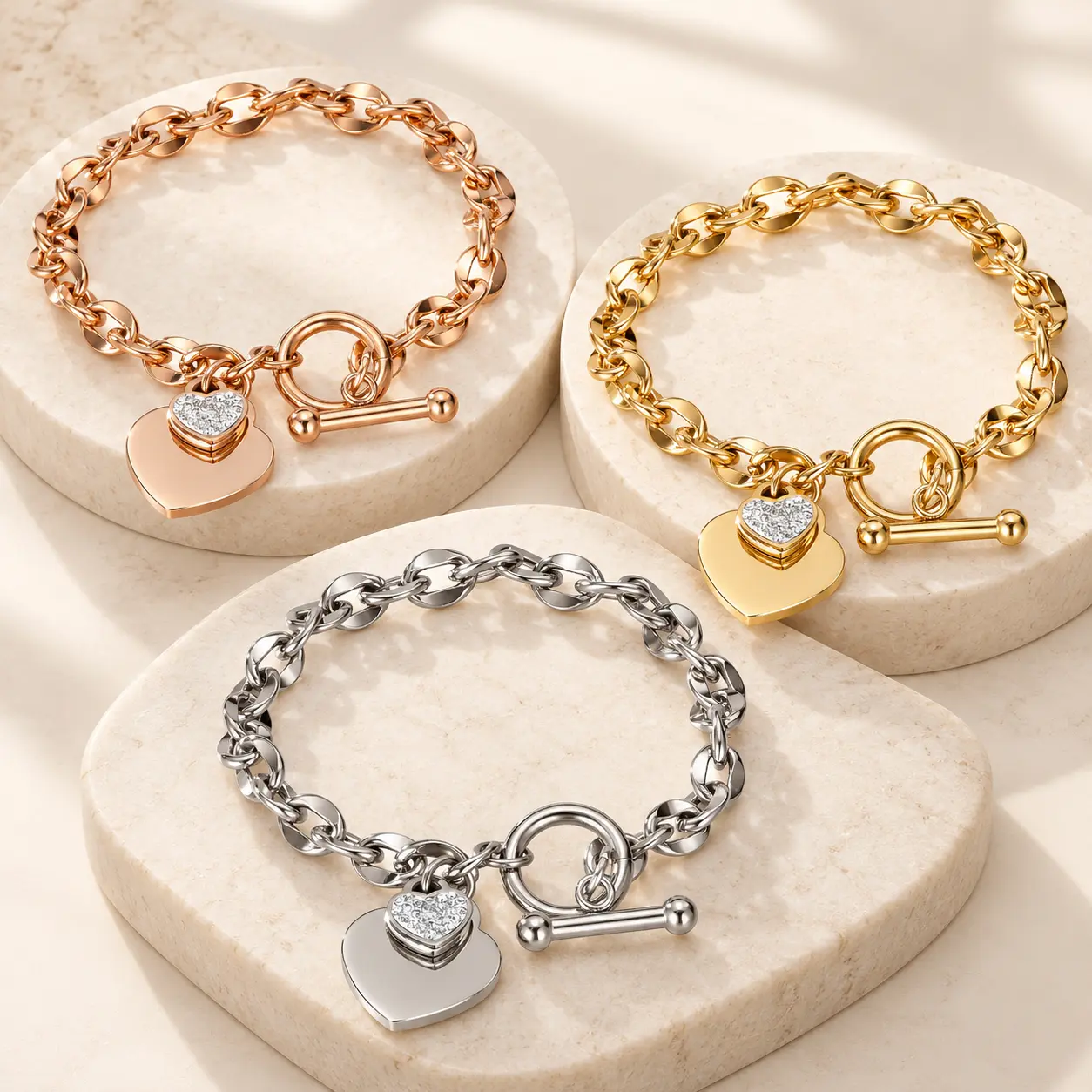 Heart Charm Bracelet for Women, Stainless Steel Chain with Cubic Zirconia and Toggle Clasp