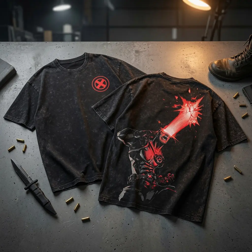 Red Optic Mutant Hero Inspired Acid Washed Oversized Graphic T-Shirt, Double-Sided Small Chest Emblem and Large Laser Blast Back Print, Vintage Unisex Streetwear Tee for Comic Lovers, Gamers, Conventions and Fan Gifts