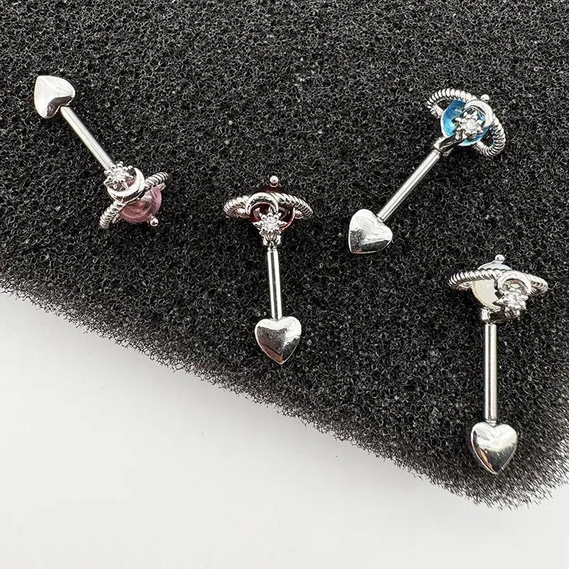 16G Multi-Color Star and Planet Cartilage Stud with Dangle Heart Design Chain, Straight Bar Body Jewelry for Ear Piercings, Safe Metal