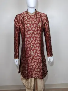 Men's sherwani with brown brocade set - Red