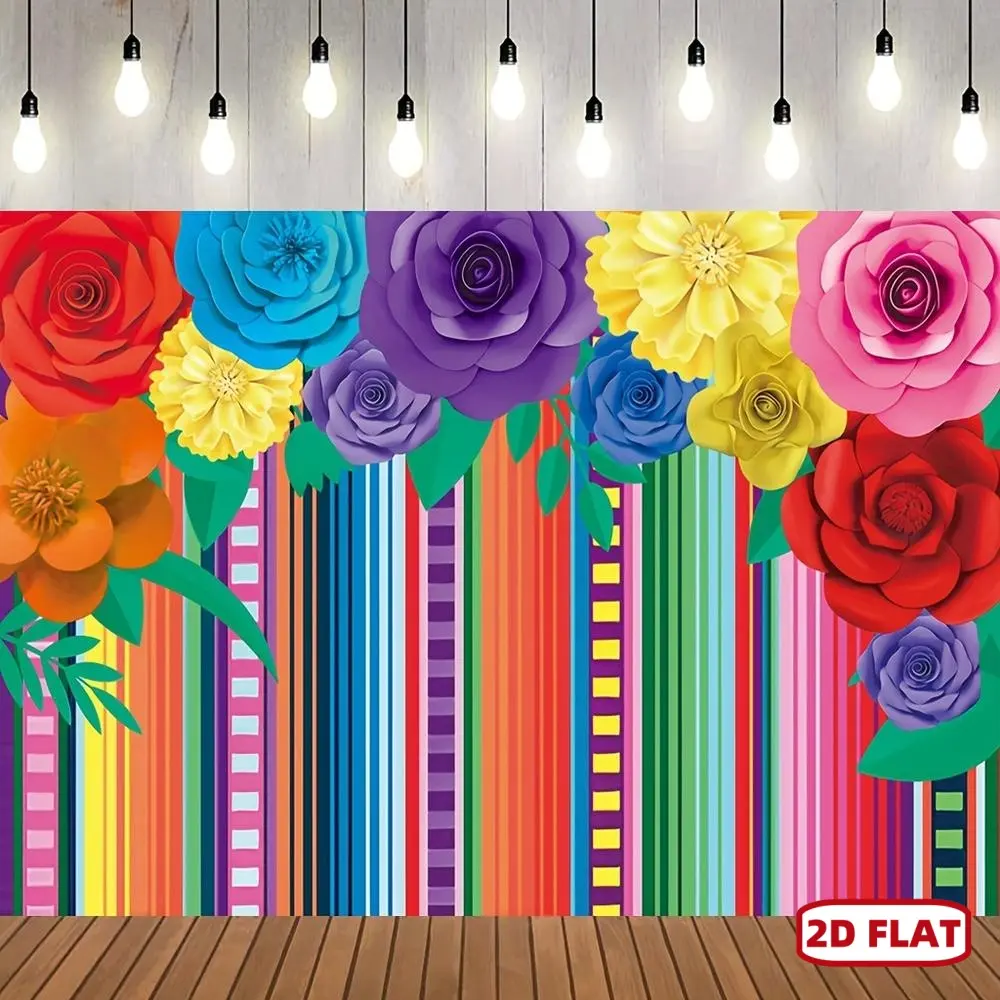 1pc Polyester 2D Flat Vibrant Mexican-Themed Party Backdrop - Flower Design, Colorful Stripes, Roses, Fiesta Paper Flowers, Wall Decor Banner, Ideal for Birthday Cake Table, Photo Booths,summerwins