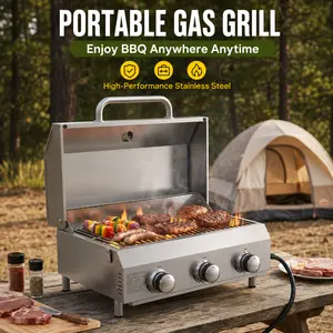 BESTFIRE 30K BTU 3-Burner Tabletop Grill – Stainless Steel Portable Propane Gas Grill with Heavy Duty Thickened Cooking Grates & 4 Detachable Legs, Perfect for Camping, RV, Backyard BBQ & Patio Outdoor Cooking