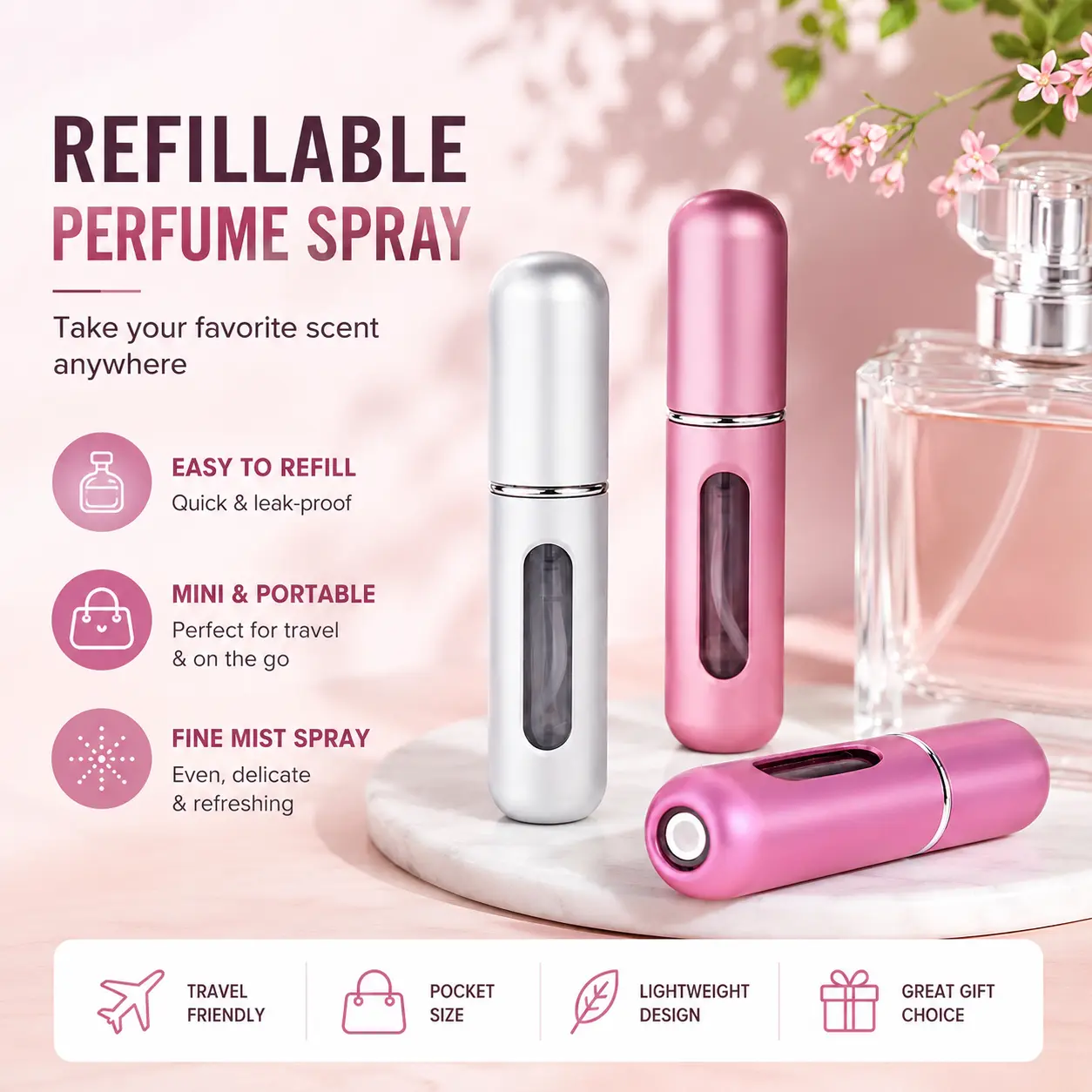 2-Pack 5ML Refillable Perfume Atomizers, Portable Mini Travel Perfume Spray Bottles with Bottom Refill Design, Fine Mist, Leak-Proof and Visible Window