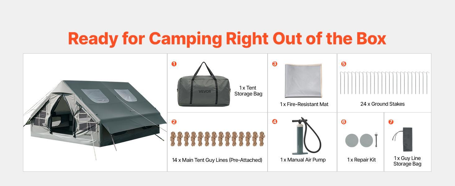 【BackToSchool】VEVOR Inflatable Tent for Camping 5-8 Person Blow Up Tent with Hand Pump, for Family Outdoor Glamping, Waterproof 420D Oxford, Easy Setup Air House with Skylight, Stove Jack, Mesh Windows & Carry Bag