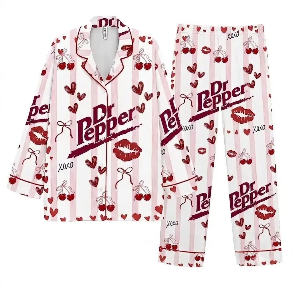 Soda Pajama Set, Cherry Valentine Pajamas, Cute Soda Lover Sleepwear, Pink Stripe PJs, Long Sleeve Women's Lounge Set