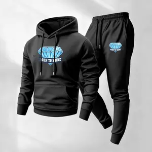 Men's Diamond-Print Hoodie And Drawstring Track Pants Set, Men's Casual Sportswear, Long-Sleeved Hooded Jacket And Pants, Suitable For Autumn And Winter, Men's Everyday Casual Wear, Sportswear Set, Casual Sportswear.