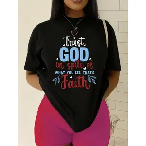 Women S Trust in God Faith T Shirt 180GSM Full Black Short Sleeve Round Neck Featuring Praying Hands and Verse Design Casual Religious Clothing for Church Casual Wear and Gift