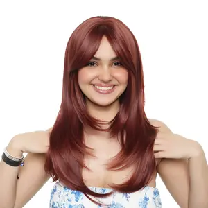 22-Inch Solid Warm Red Velvet Straight Cut Synthetic Wig | Heat ResistantCap Included |  FSGA
