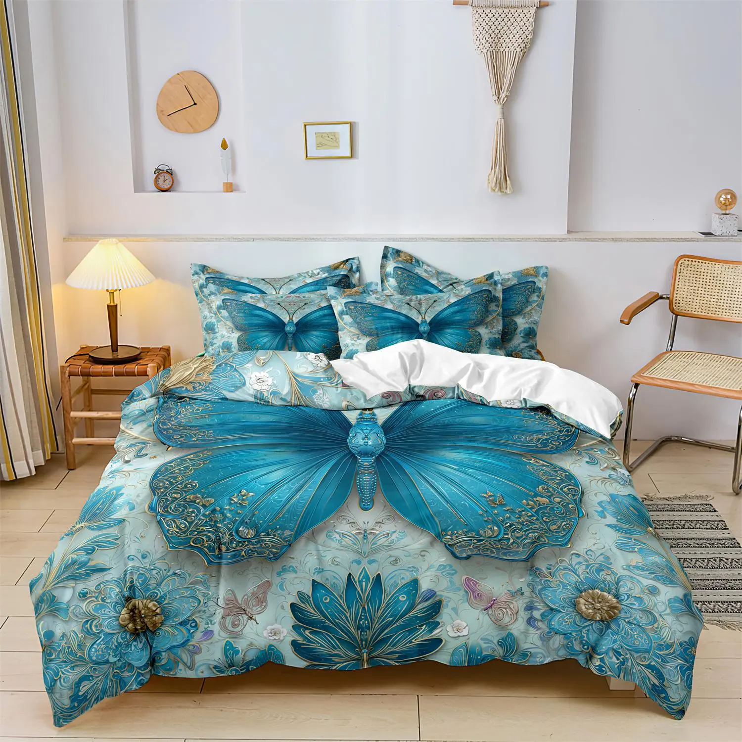 3pcs Vibrant Blue Enchanting Butterfly Print Duvet Cover Breathable Polyester Set - Zip Closure, All-Season Comfort, Machine Washable -（1 Duvet Cover And 2 Pillowcases） Duvet Cover Sets