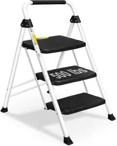 Step Ladder, Folding Step Stool for Adults with Handle, Lightweight, Perfect for Kitchen& Household, 500lbs Capacity Sturdy Steel Ladder White