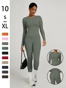 Women's Plain Long Sleeve Top & Pants Set, Comfortable Tight-Fit for Yoga Home Gym, Casual Kardashian Style Clothing, Casual Workout Loungewear