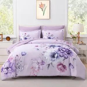 Floral Comforters  Size 7 count Botanical Purple Flower Bed in a Bag Ulter Soft Microfiber Bedding Set, Lightweight Bed Comforter Set with Sheets for All Season (Purple, )