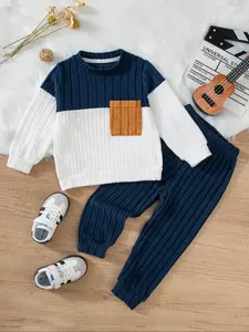 Toddler Boys Knitted 2Pcs Sets Outfit Splicing Color Pocket Round Neck Long Sleeve T-shirt+Legged Pants Set Grid Elasticity, Cute, Soft, Cozy Autumn and Winter Kids Clothing, Festival Gifts, Holiday Outing Wear