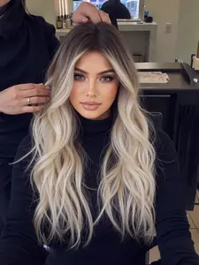 Ombre Blonde Long Wave Wig for Women 26inch Curly Synthetic Hair, Heat Resistant Middle Part Wig for Daily Party Use