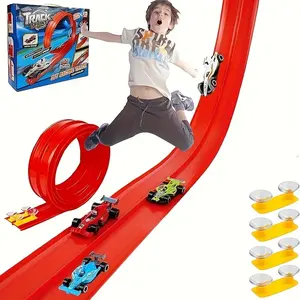 Children Elastic Track Toy Car Set, 16.4ft Race Ramp with Suction Cups, Portable Foldable Track for 1/64 Model Cars, Birthday Gift for Boys & Girls