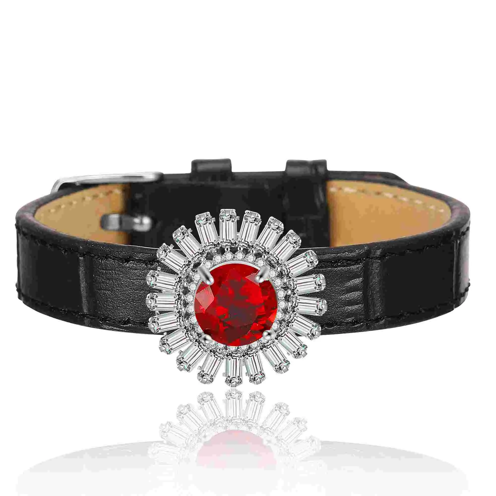 Aprilery Women's Leather Jewelry Bracelet - Black Adjustable Band, Artificial Crystal Flower Accent