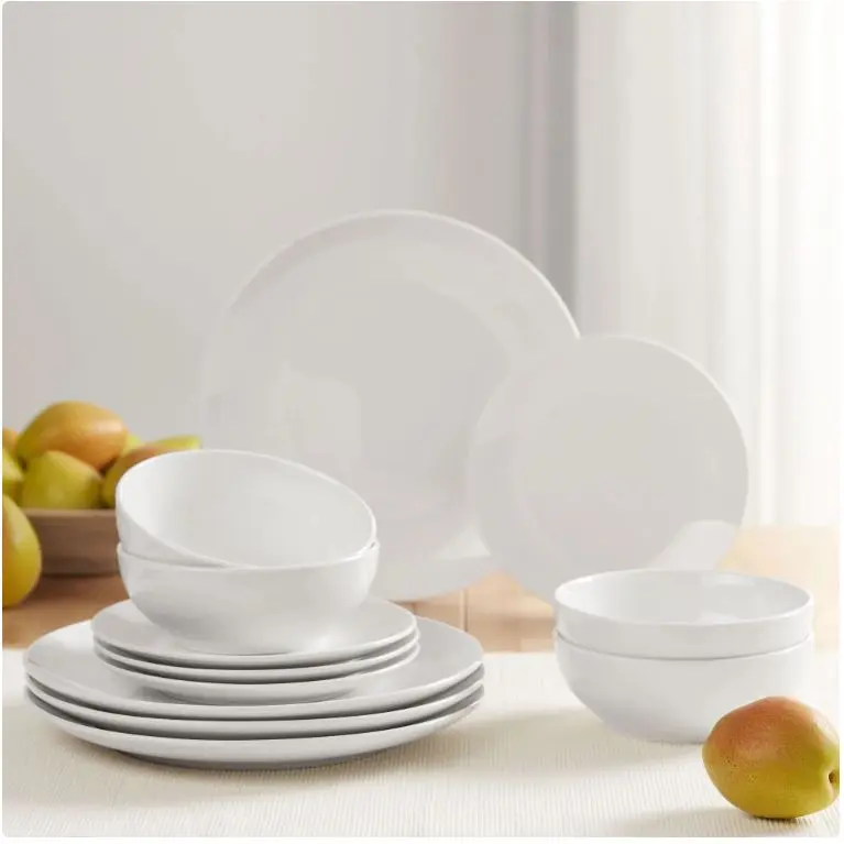 12-Pieces Glazed White Stoneware Dinnerware Set Modern Tableware Sets Bowls 12-Pieces Glazed White Stoneware Dinnerware Set Modern Tableware Sets Bowls