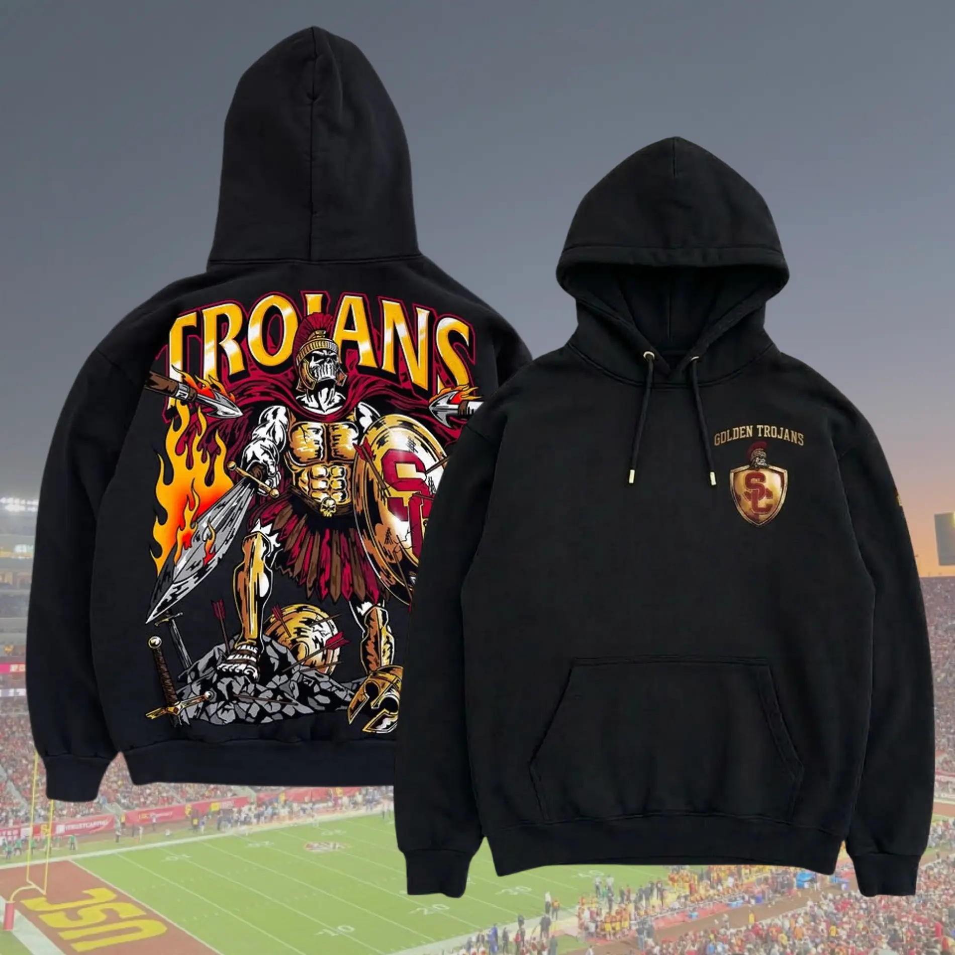 Retro 90s Bootleg Trojans Hoodie, Fire & Sword Warrior Graphic Shirt, Shirt for Football Fans, Trending Us Streetwear, Viral on Tiktok, Y2k Style Menswear Long Sleeve Pullover