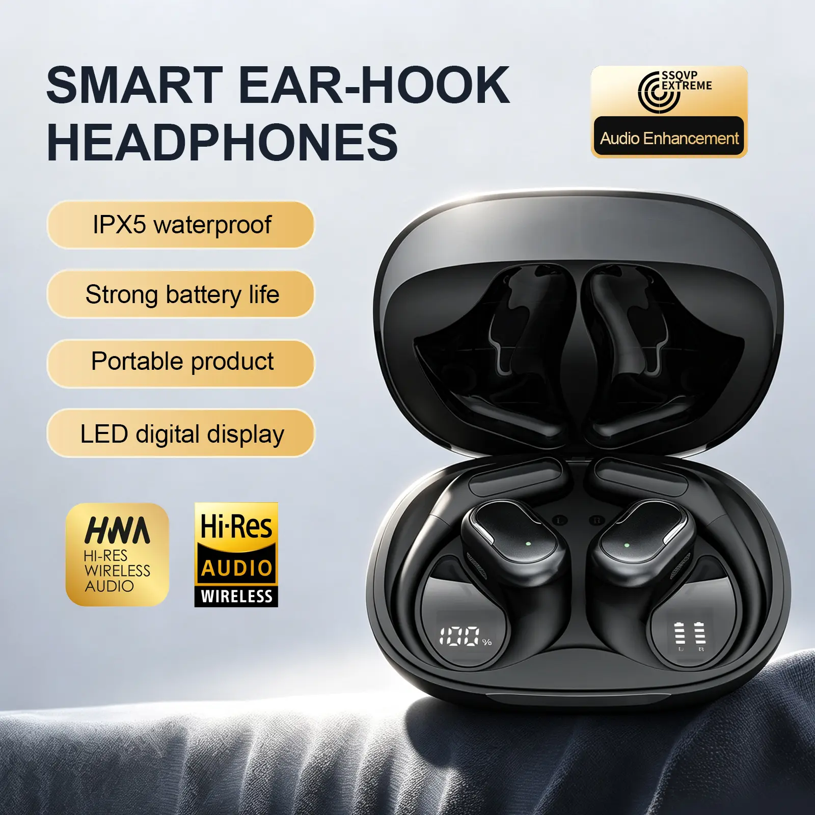 Vostarx Open Ear Wireless Earbuds with Earhooks, Bluetooth 5.4 Sports Headphones, 48H Playtime, Deep Bass, ENC Noise Cancelling Mic, IP5 Waterproof Earphones for Running & Workout
