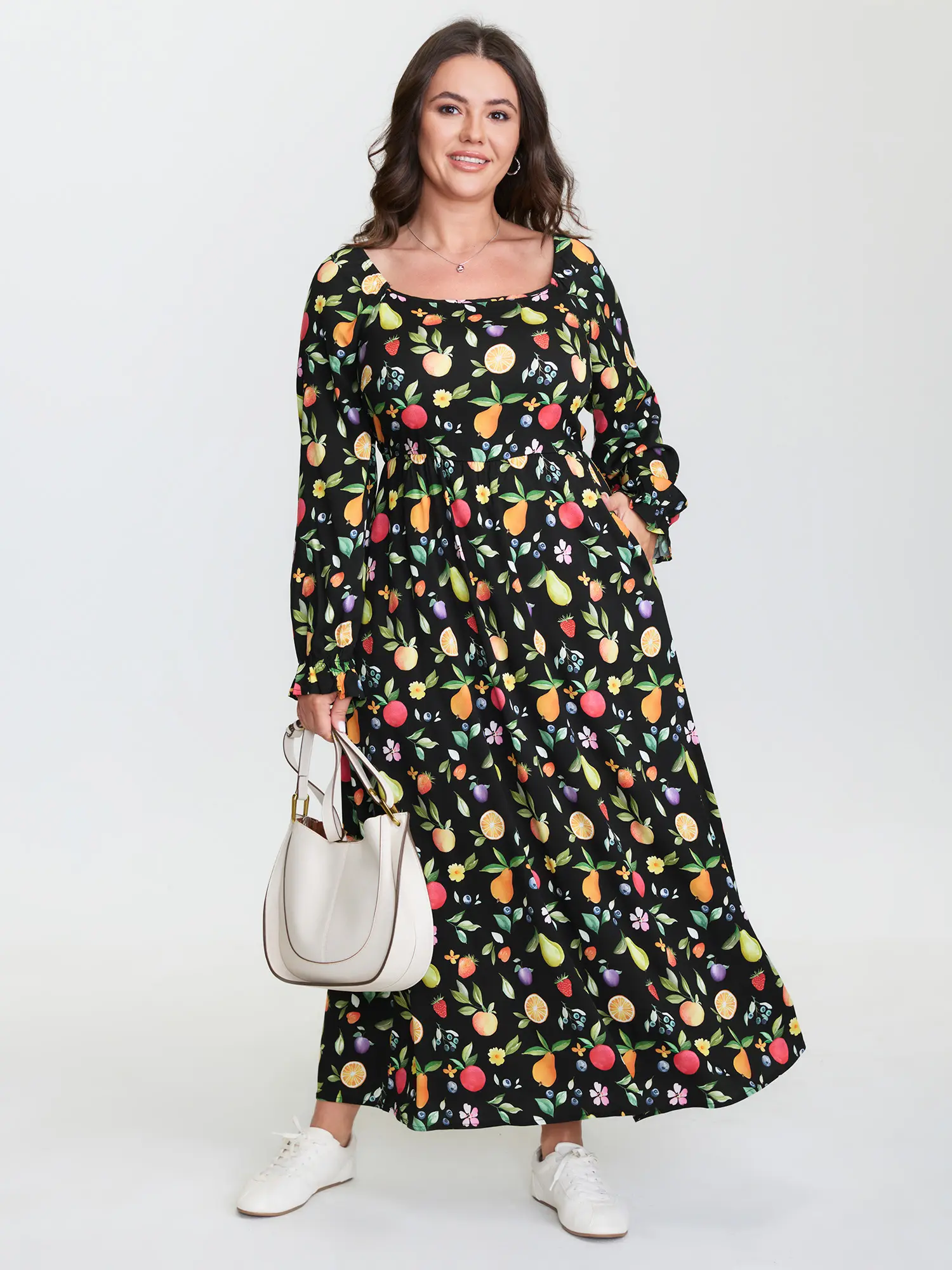 Women's Maxi Dress, Casual Multicolor Fruit Print with Square Neck, Long Ruffle Sleeves and Pockets, Smooth Low Iron 100% Rayon, Garment, Cold Wash, Fruit Veggie, Fabric, Side Pockets, Full Length, Modest Fashion, Going Out, Do Not Tumble Dry, Wash With L