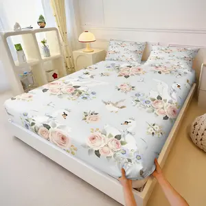 3-Piece Set of Worn-Look Blue Elegant Floral Print Country Rose and Swan Pattern Fitted Sheet, Soft Vintage-Style Bedding with Zipper Closure, Suitable for Boys, Girls, and Teens All Year Round, Pillowcases Not Included (2 Pillowcases, 1 Fitted Sheet)