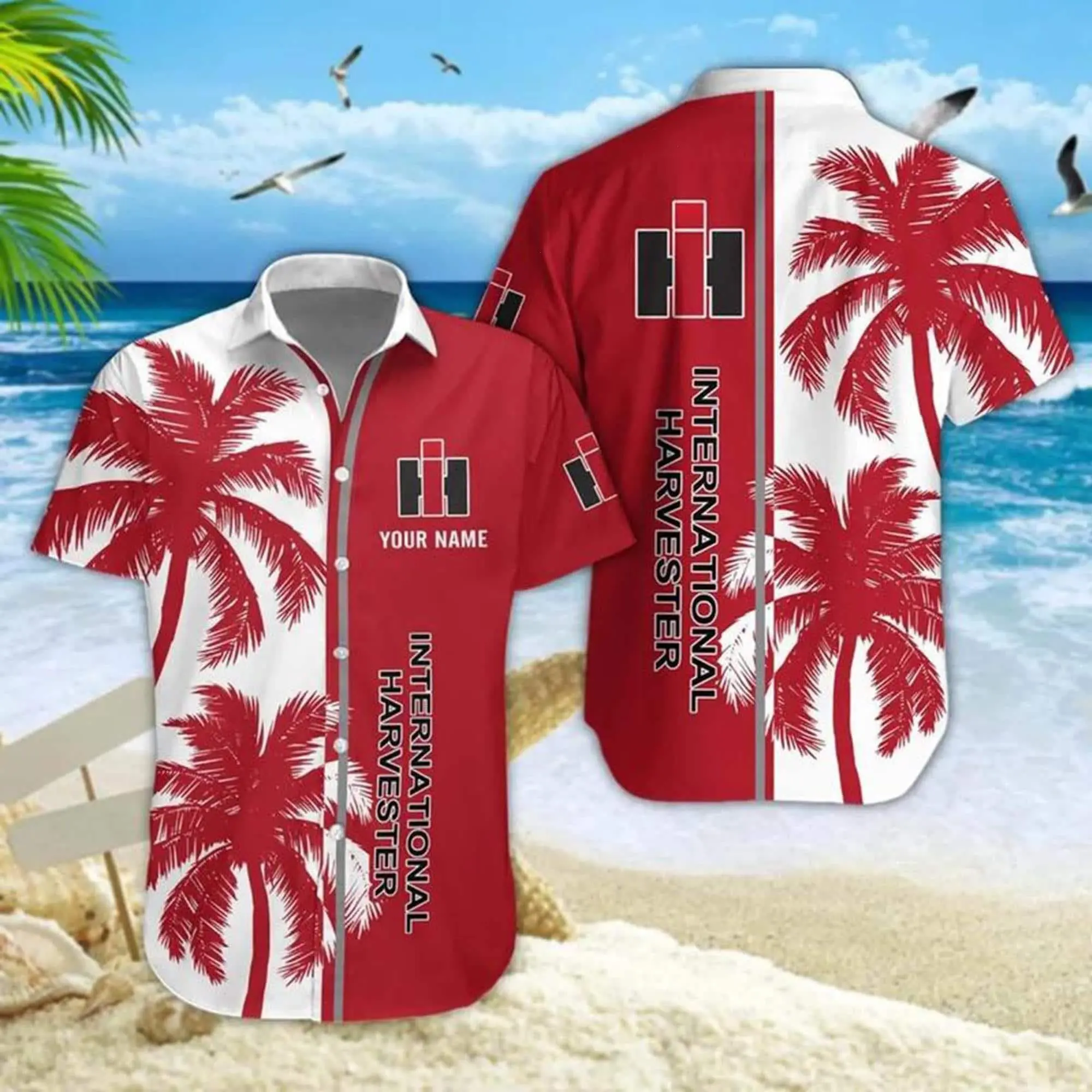International Harvester Hawaiian Shirt, Classic Farming Aloha Shirt, Vintage Tractor Button Down, Custom Name Option, Unisex S–5XL