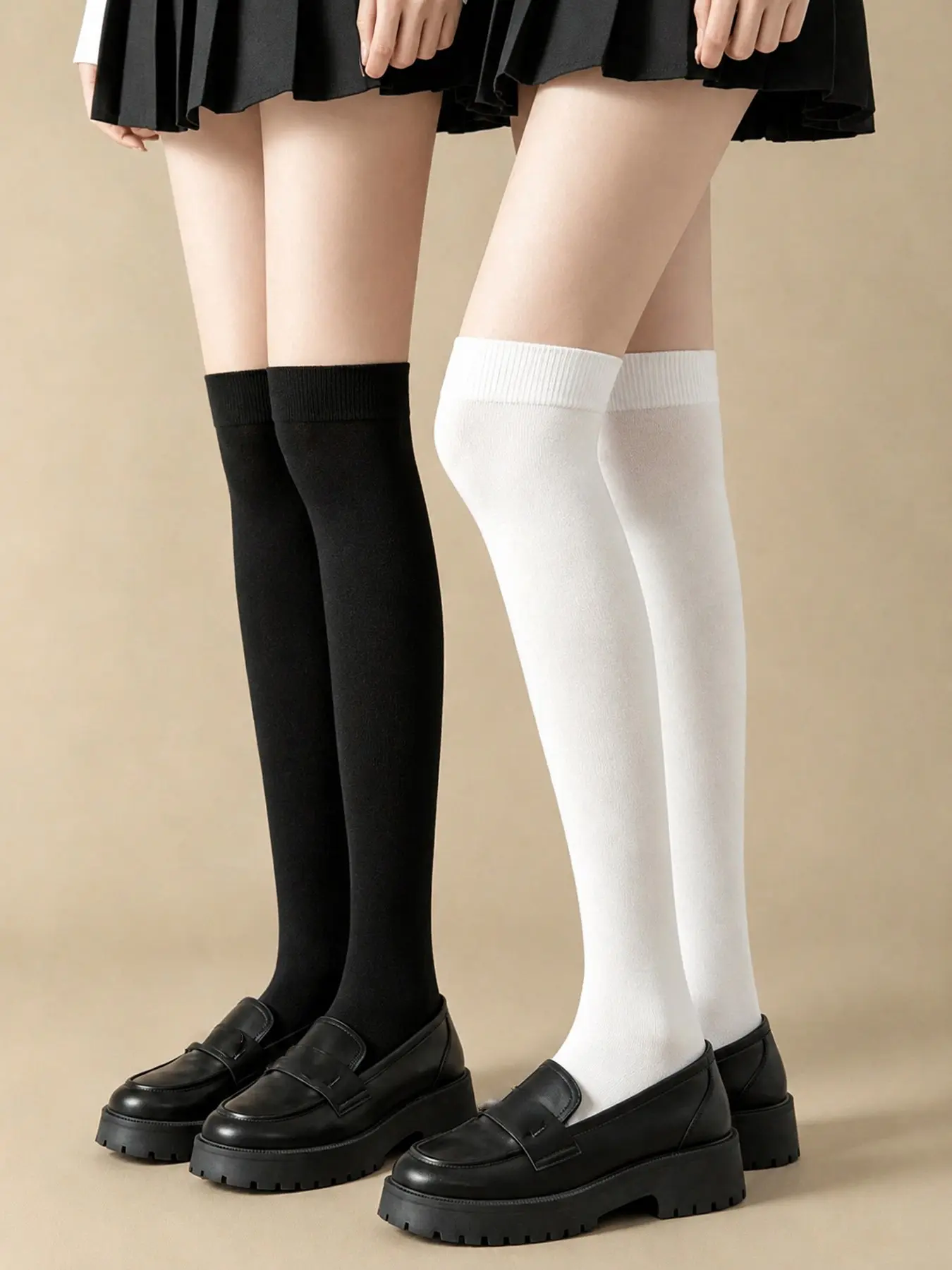 2 Pairs Jk Girl College Style and Knee-High Socks, Preppy Fitted Plain Aesthetic Design, All Seasons Student Footwear
