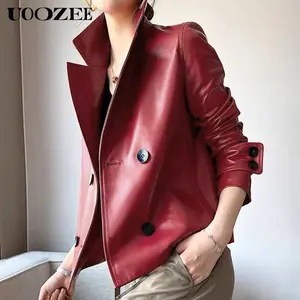 UOOZEE Women's Autumn Winter Polyester Faux Leather Jackets - Notched Collar, Loose Minimalist Basic, Buttoned Long Sleeves, Solid Multicolour, Comfortable Casual Outerwear for Leisure, Commuting, Longsleeves