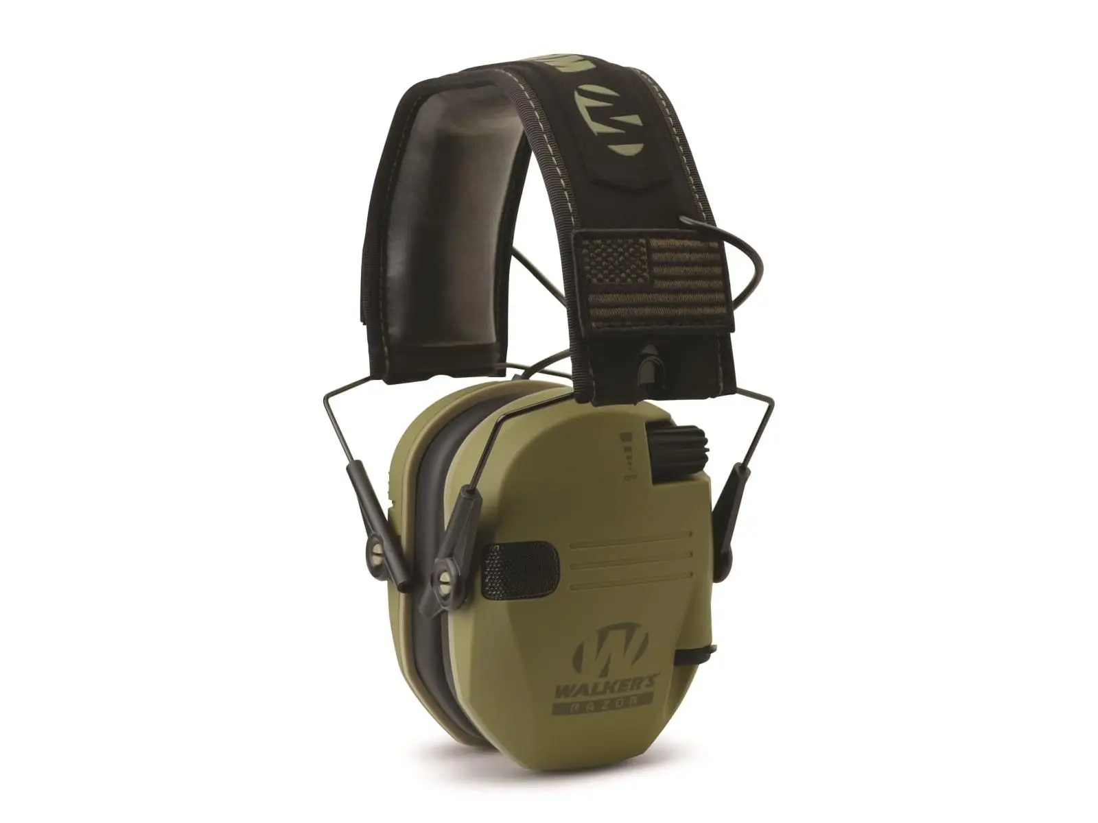 Walkers Razor Patriot Electronic Earmuffs - Dark Green, Compact Folding Design, Audio Input Jack, Ideal for Gadget Lovers, High Quality Construction, Includes Two Us Flag Patches