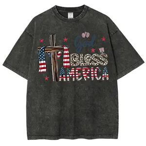 Women's Round Neck Short-Sleeve Acid Washed Cotton T-Shirt - God Bless America Flag Cross Leopard Print, 4th of July USA 250th Birthday Patriotic Christian Oversized Vintage Graphic Clothes, Unisex Casual Gift Top